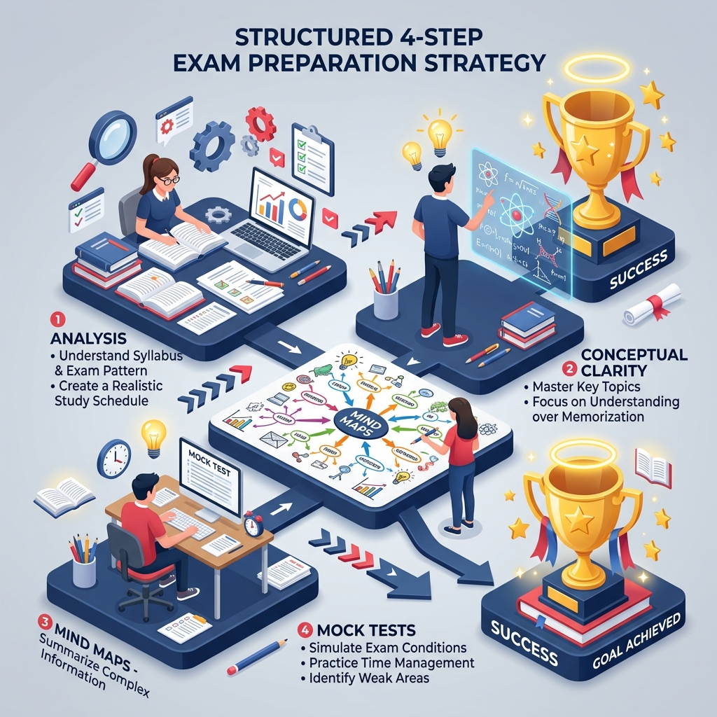 Structured 4-step exam preparation strategy infographic
